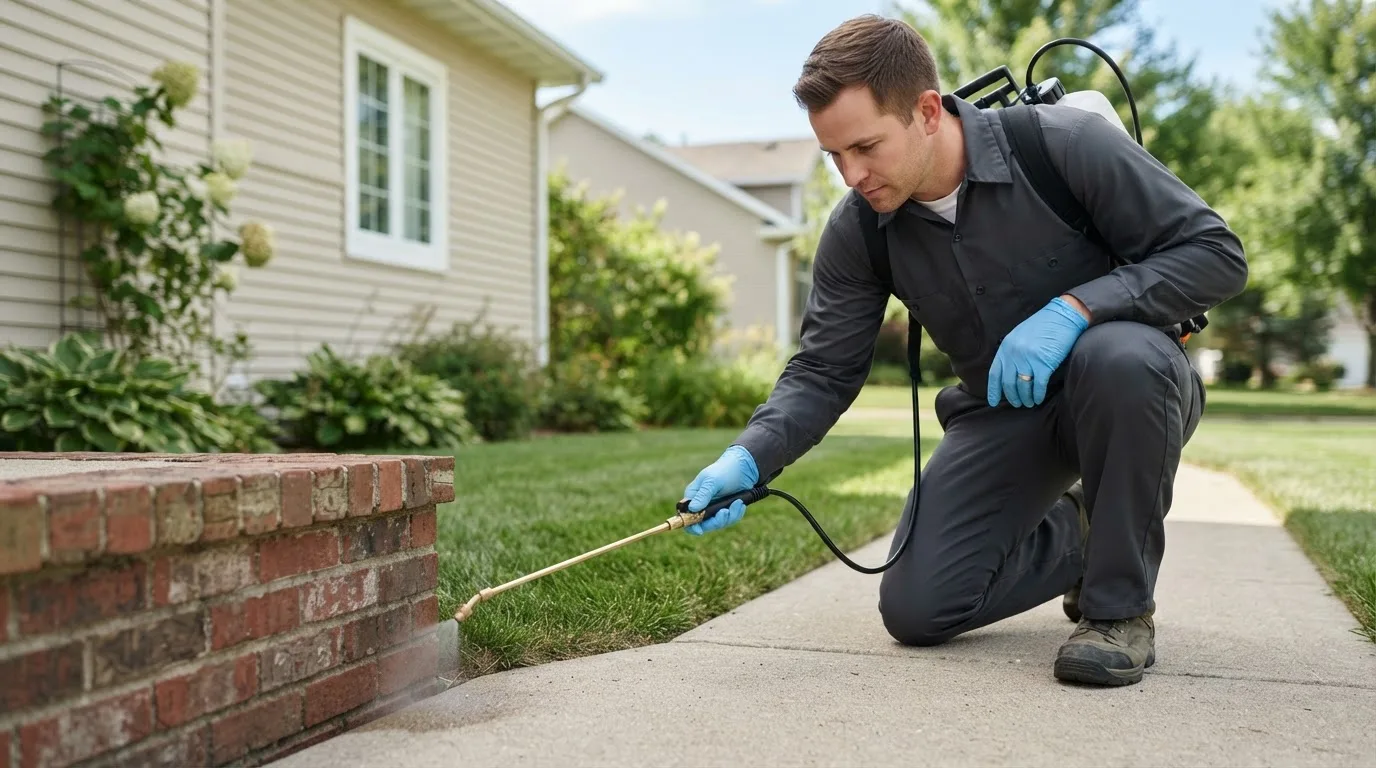 Pest control technician treating a home near Mound City, IL