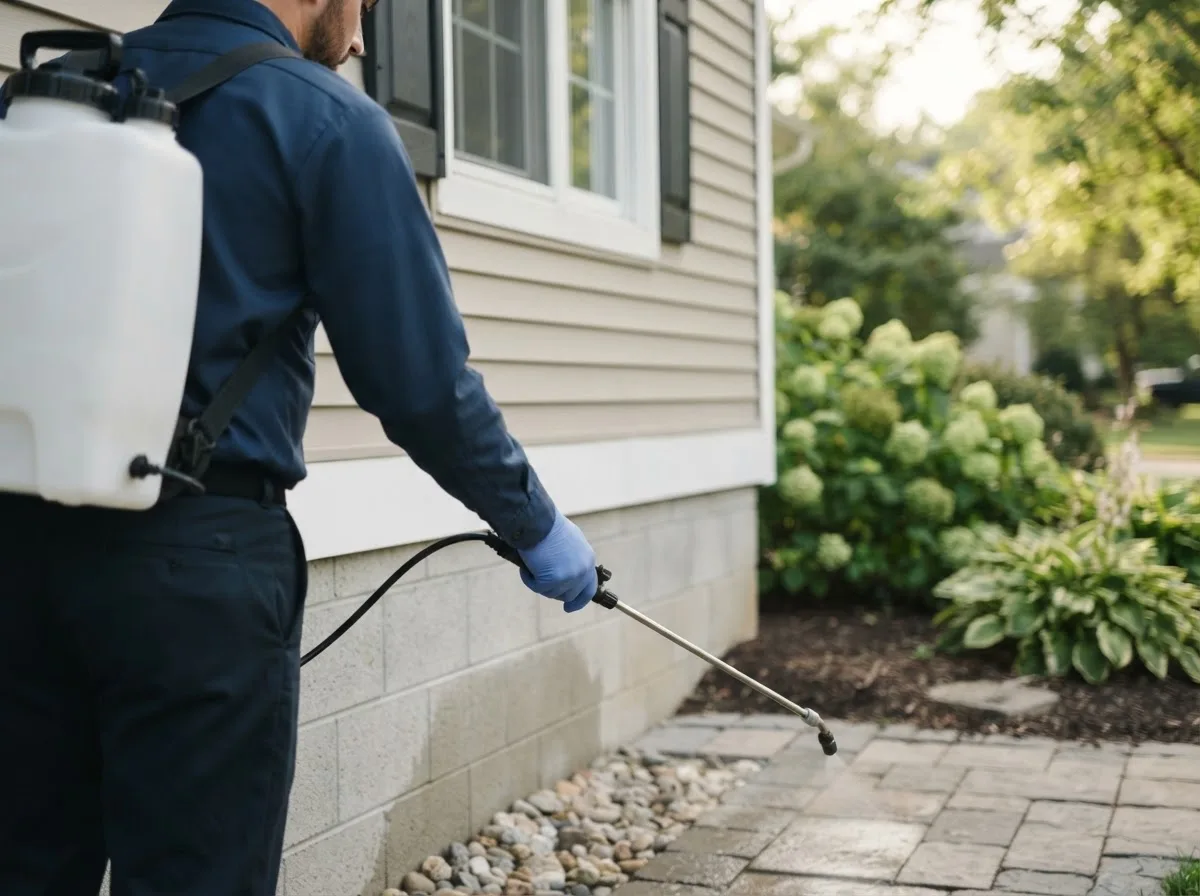 Pest control technician inspecting a home in Mound City, IL
